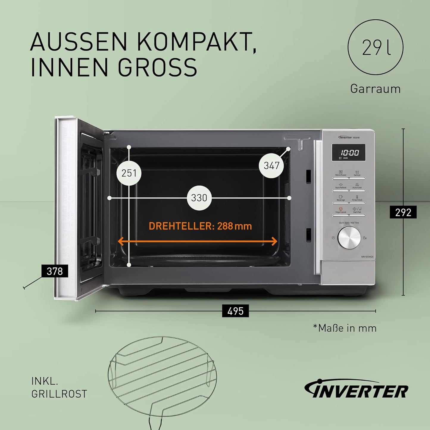 Solo-Mikrowelle NN-SD36QSEPG mit Auftaufunktion 29 l