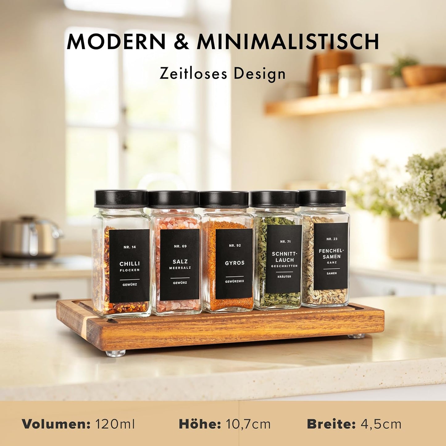 24-teiliges Gewürzgläser-Set, Schwarzer Deckel mit Etiketten