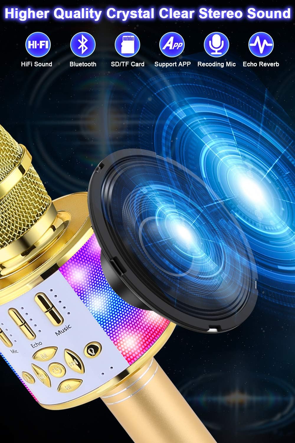 Kabelloses Bluetooth-Kindermikrofon mit LED-Lichtern, Gold