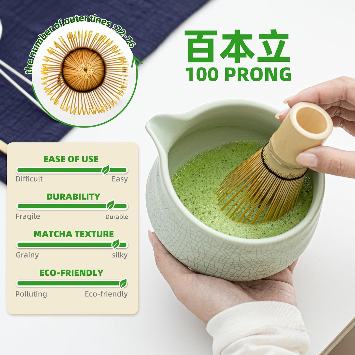 7-teiliges Matcha Teezeremonie-Set, Hellgrün mit Schwarzer Naht