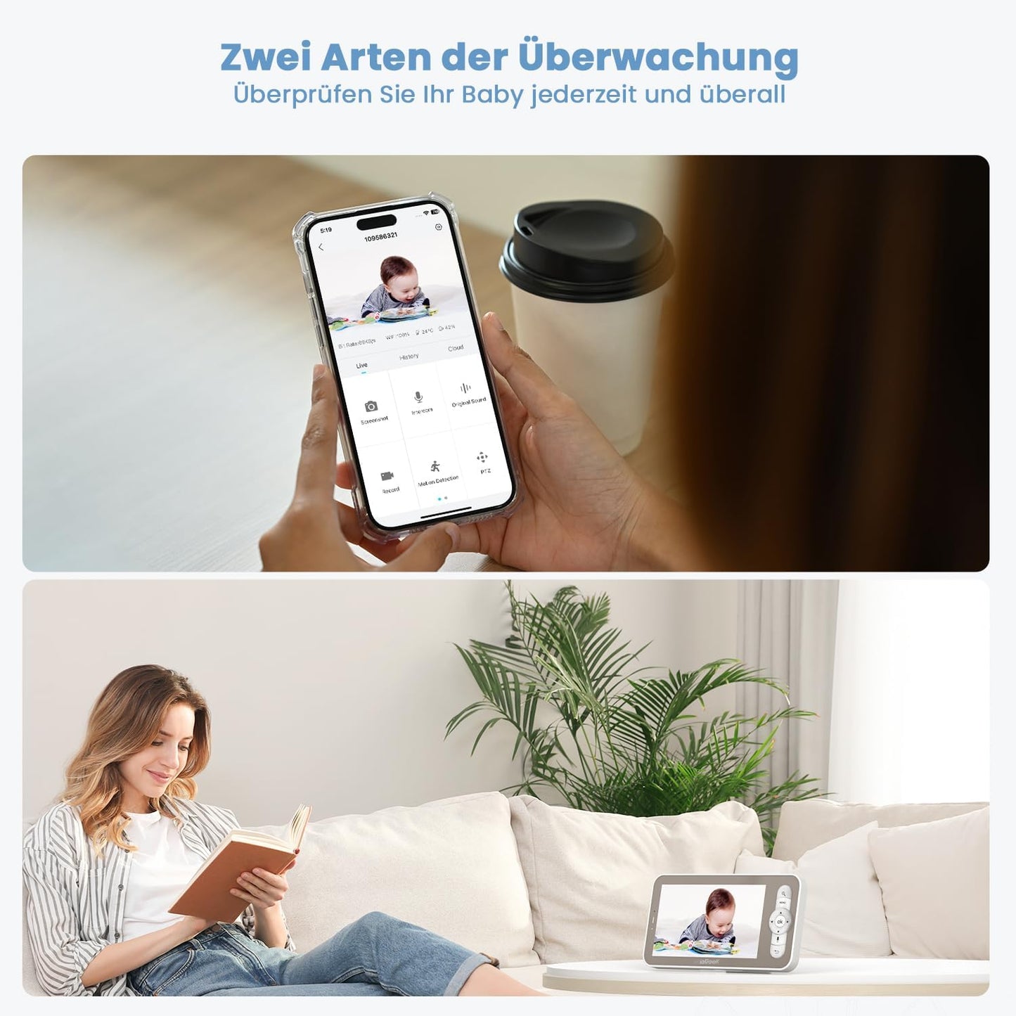 Babyphone mit 2 Kameras und App-Steuerung, Anthrazitgrau