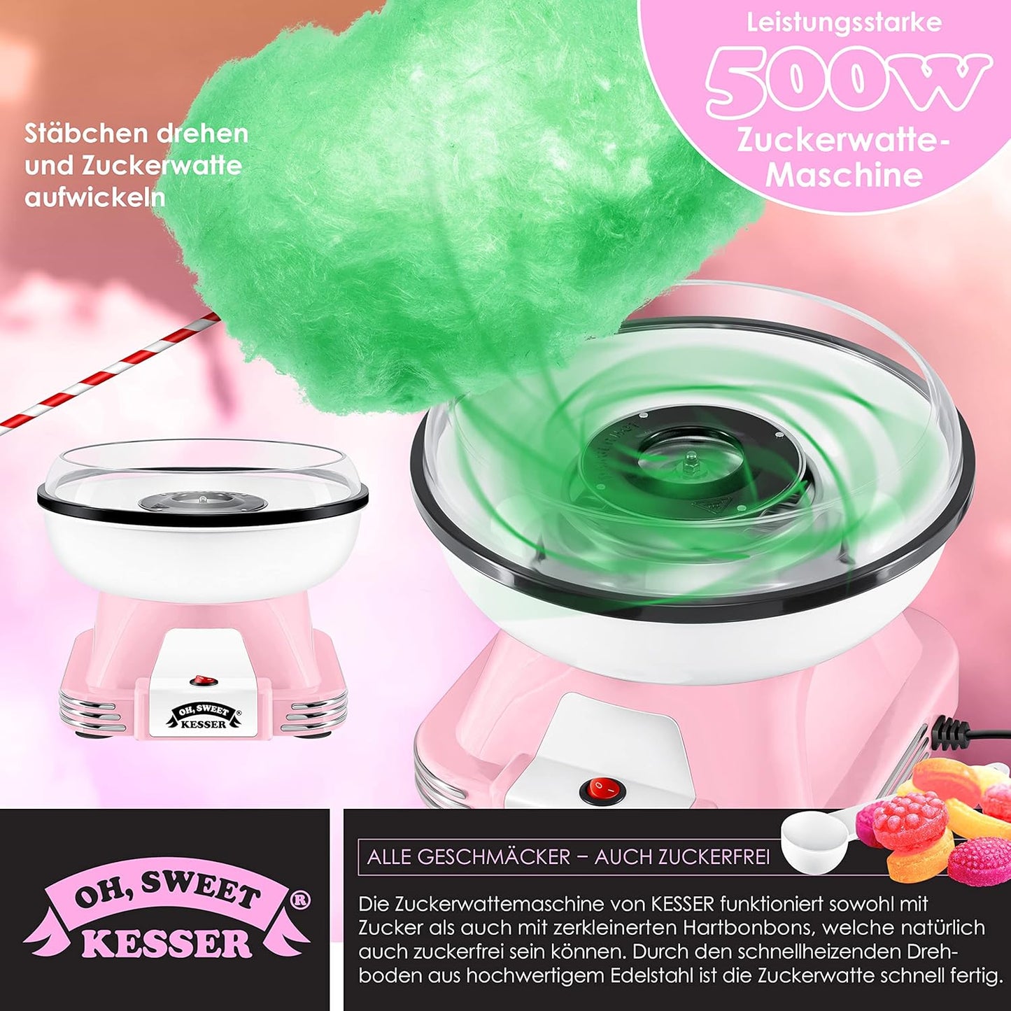 Zuckerwattemaschine Set mit Zubehör, Rosa / Weiß