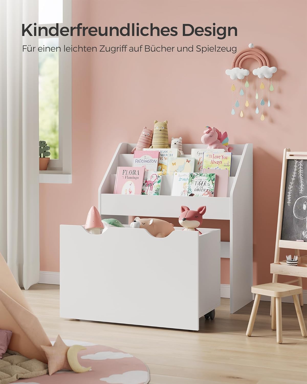 Kinder-Bücherregal mit Aufbewahrungsboxen auf Rollen, Weiss