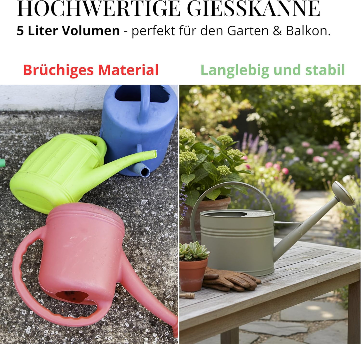Giesskanne aus Metall mit abnehmbarer Brause (5L), Moosgrau