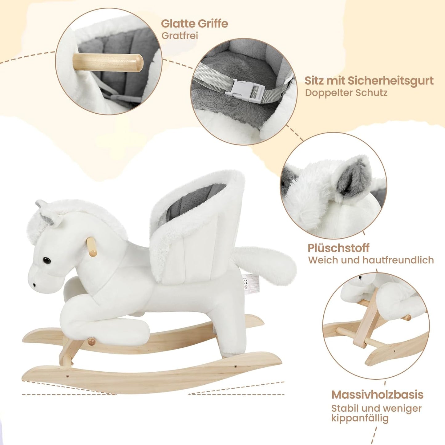 Schaukeltier mit Tiergeräuschen und Haltegriffen, Weiß + Grau