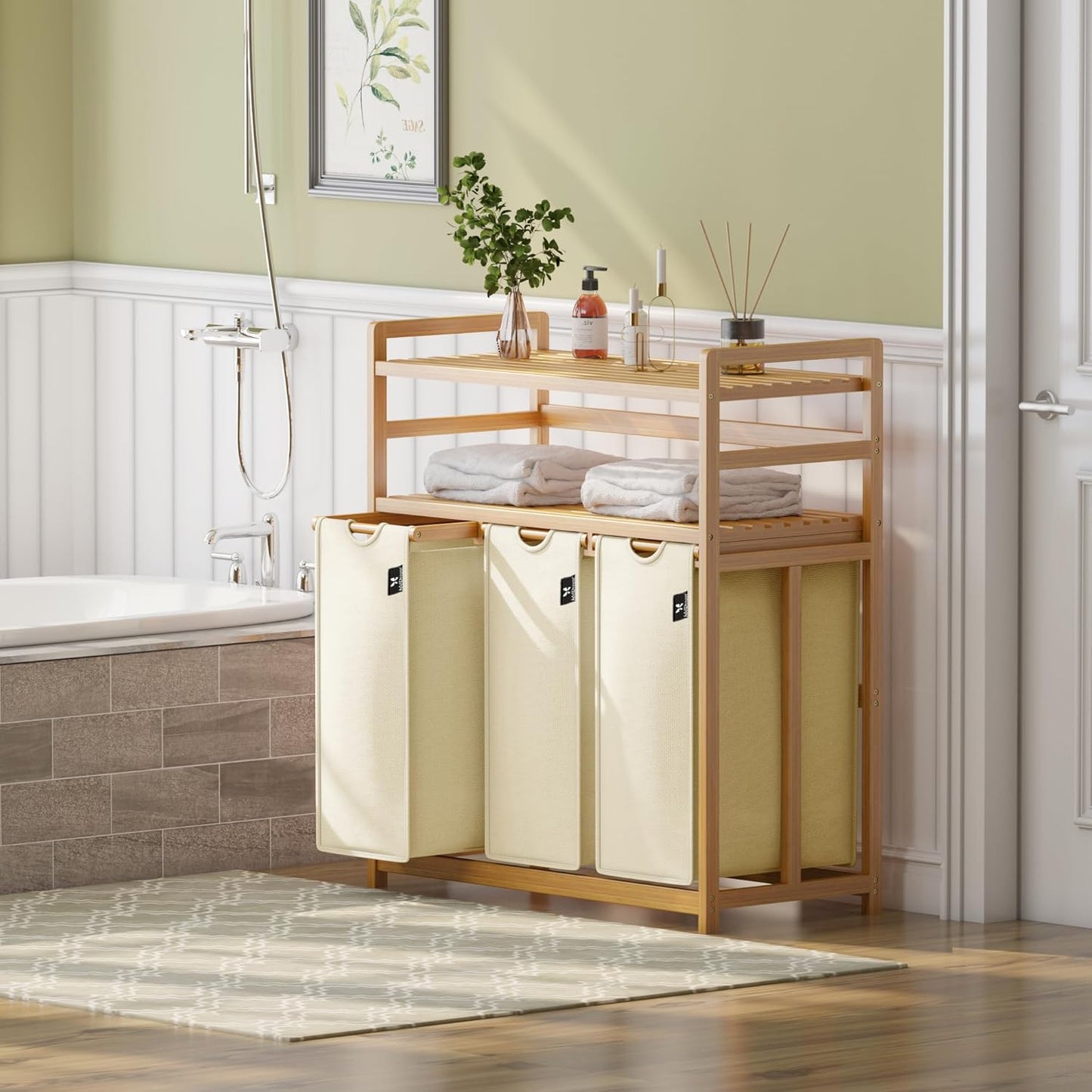 3-Fächer Wäschesortierer mit Doppelregal, Beige-6-15