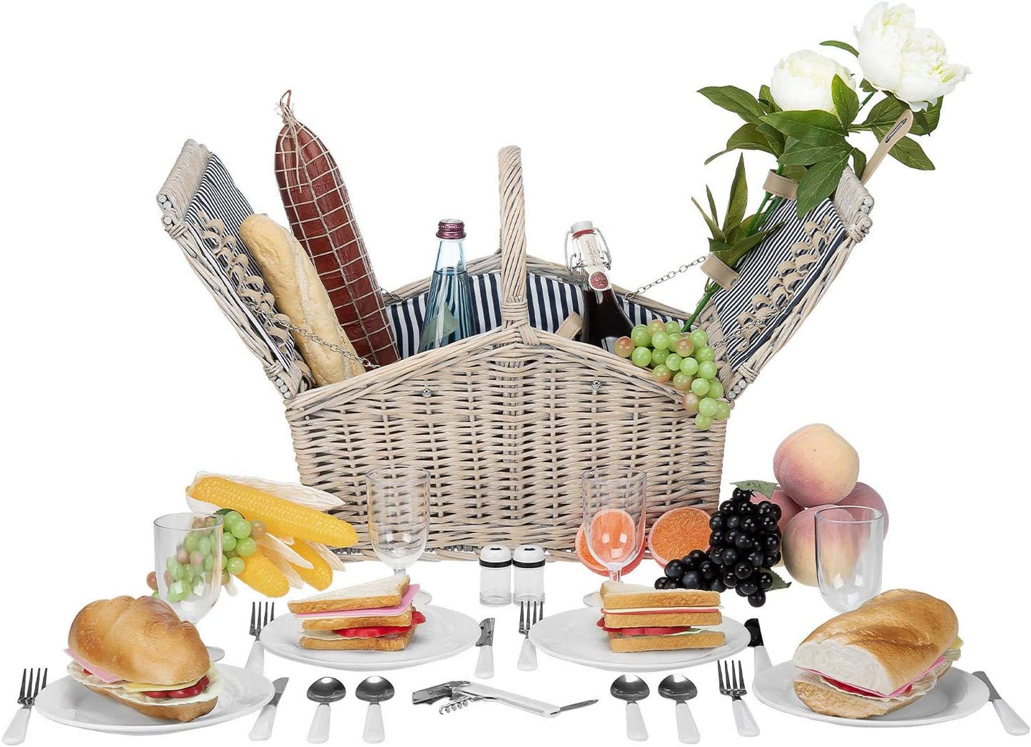 4 Personen Picknickkorb, 23-teilig, Beige - Blau Weiss