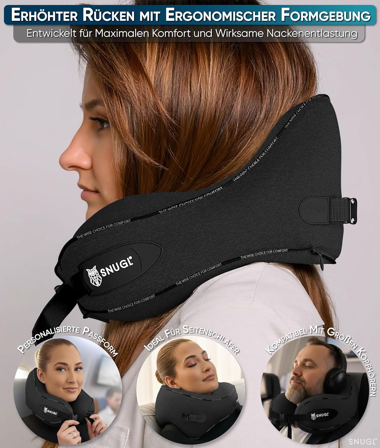 Verstellbares Memory Foam Nackenkissen für Reisen, Erwachsener Klein Schwarz