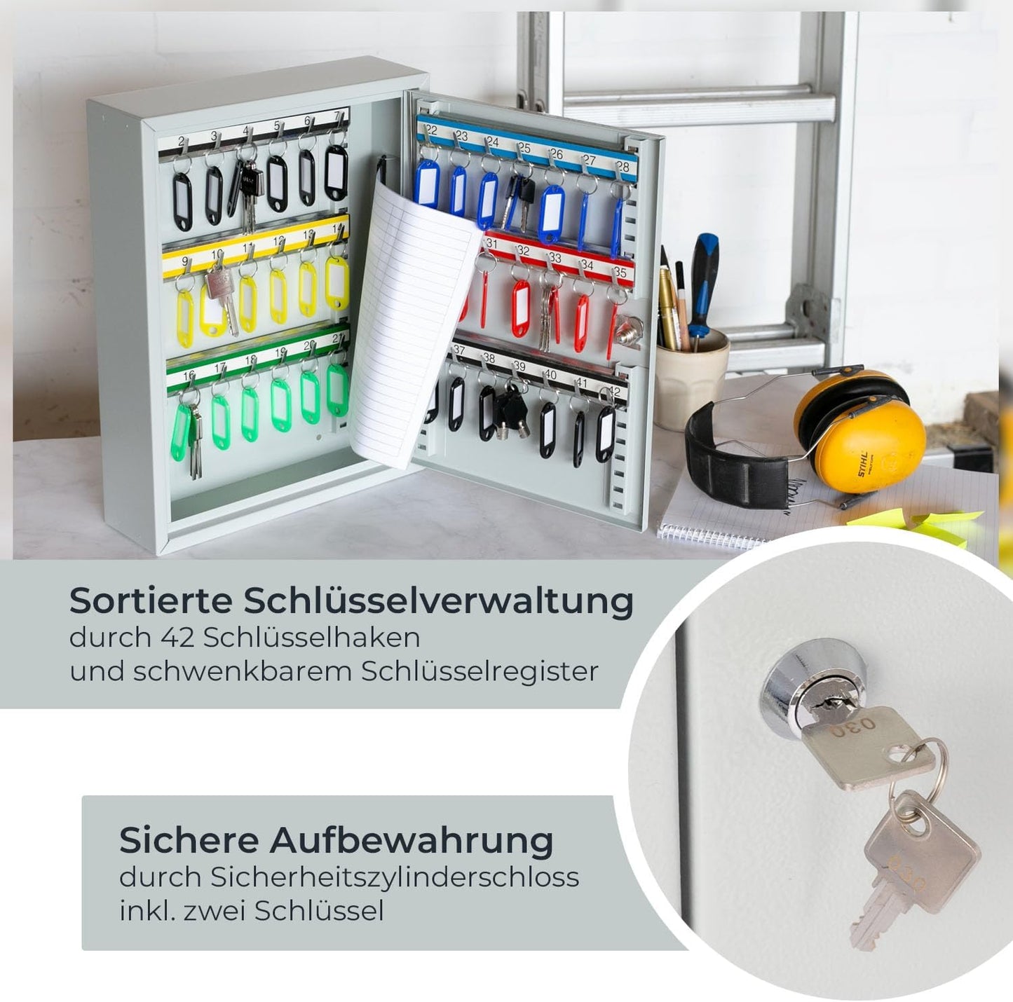 Abschliessbarer Schlüsselschrank mit 42 Haken, Lichtgrau 42 Haken
