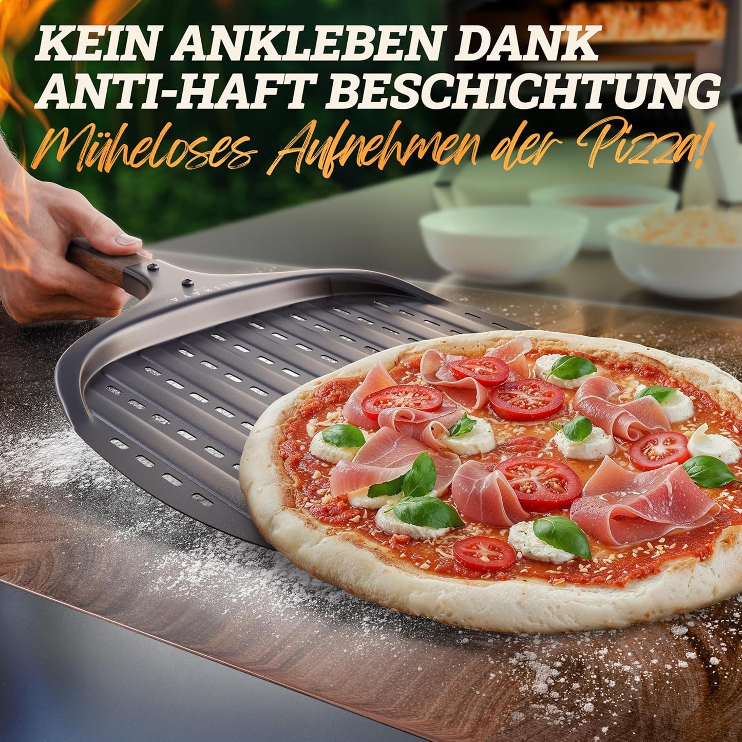 Antihaft Pizzaschaufel mit Holzgriff, Schwarz Pizzaschieber 32cm [rund]