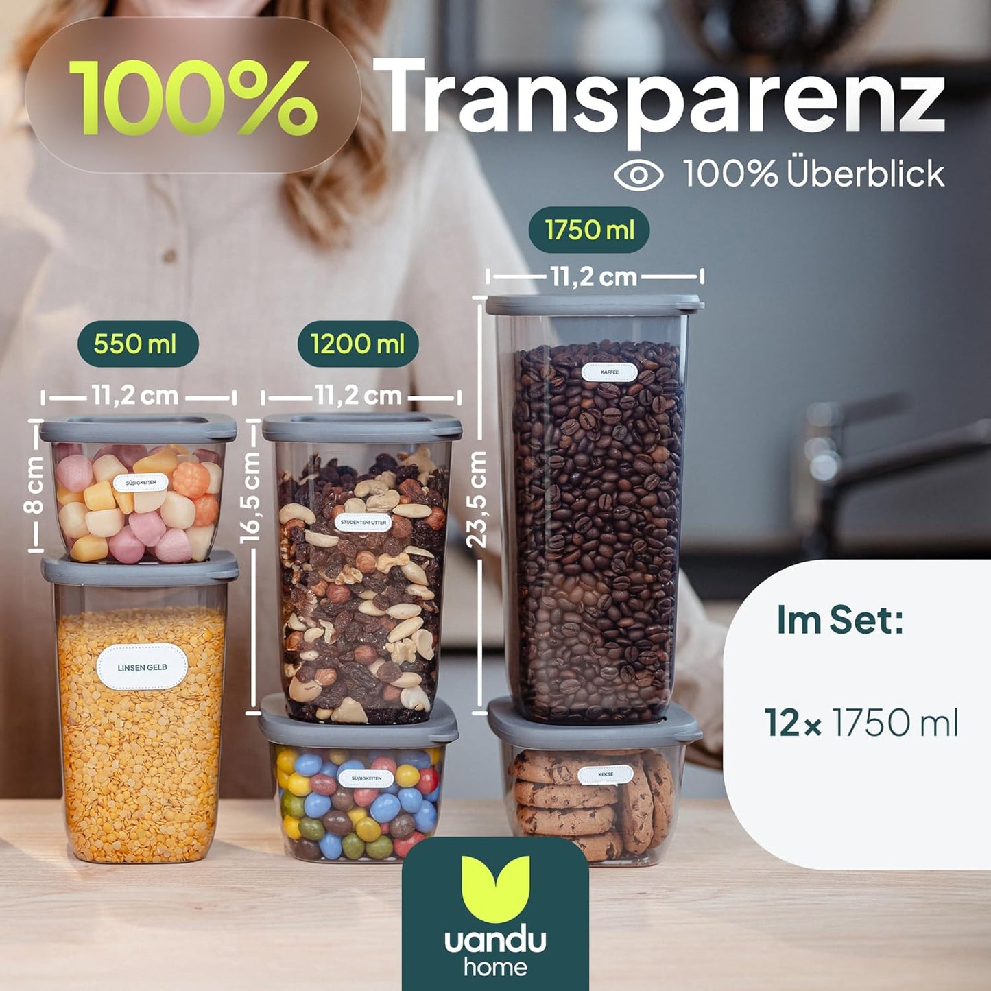 Vorratsbehälter-Set, 12x1750ml-grau