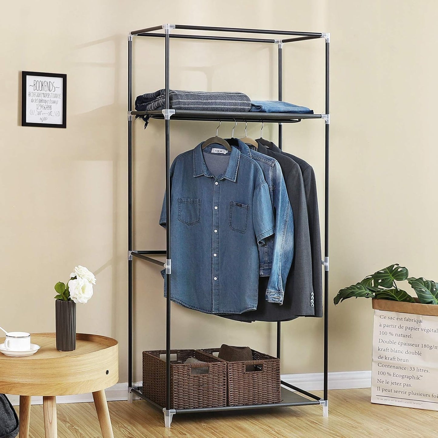 Faltbarer Kleiderschrank mit Kleiderstange, Grau