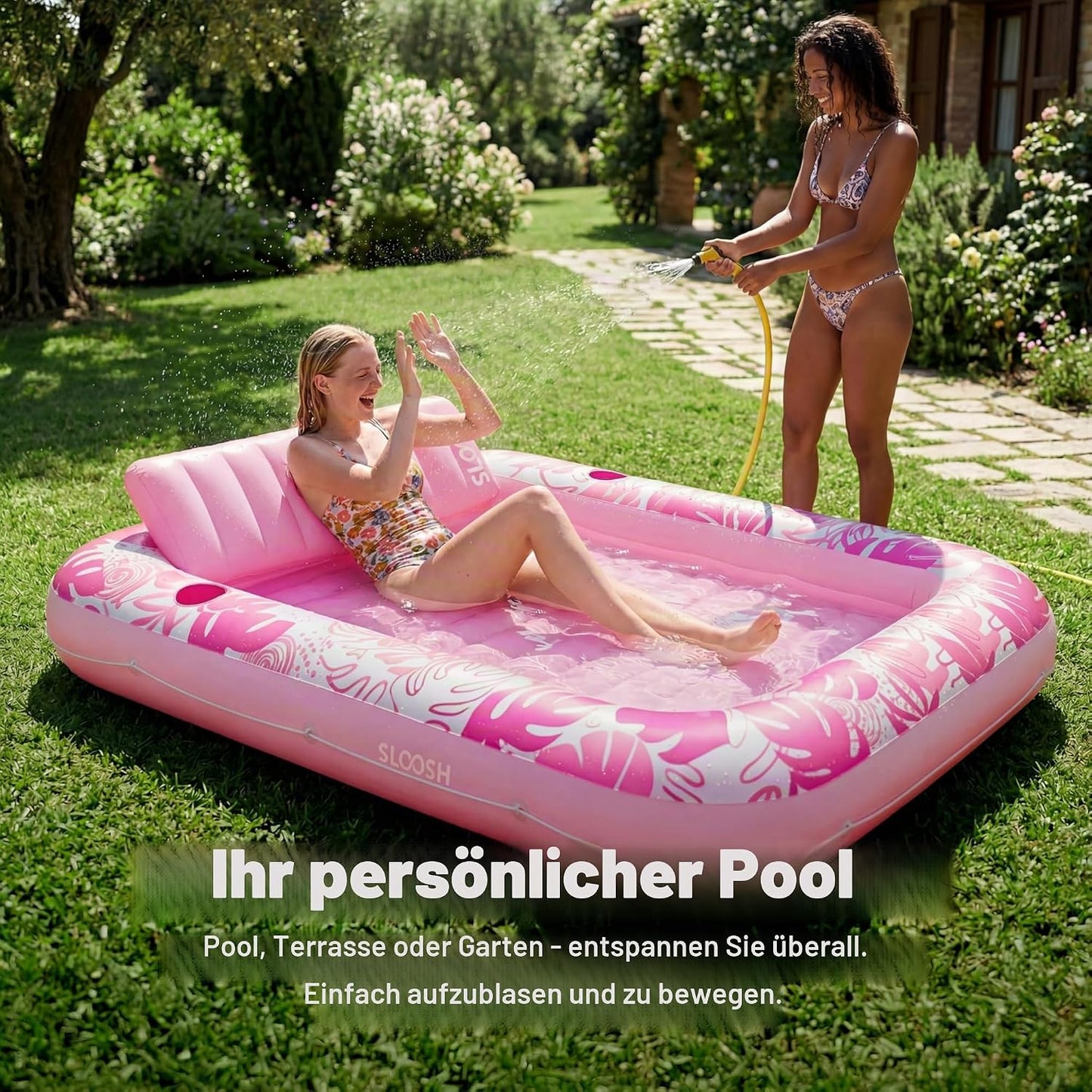 Aufblasbarer 4-in-1 Sonnenliegepool mit Kissen und Getränkehalter, Zartrosa XL