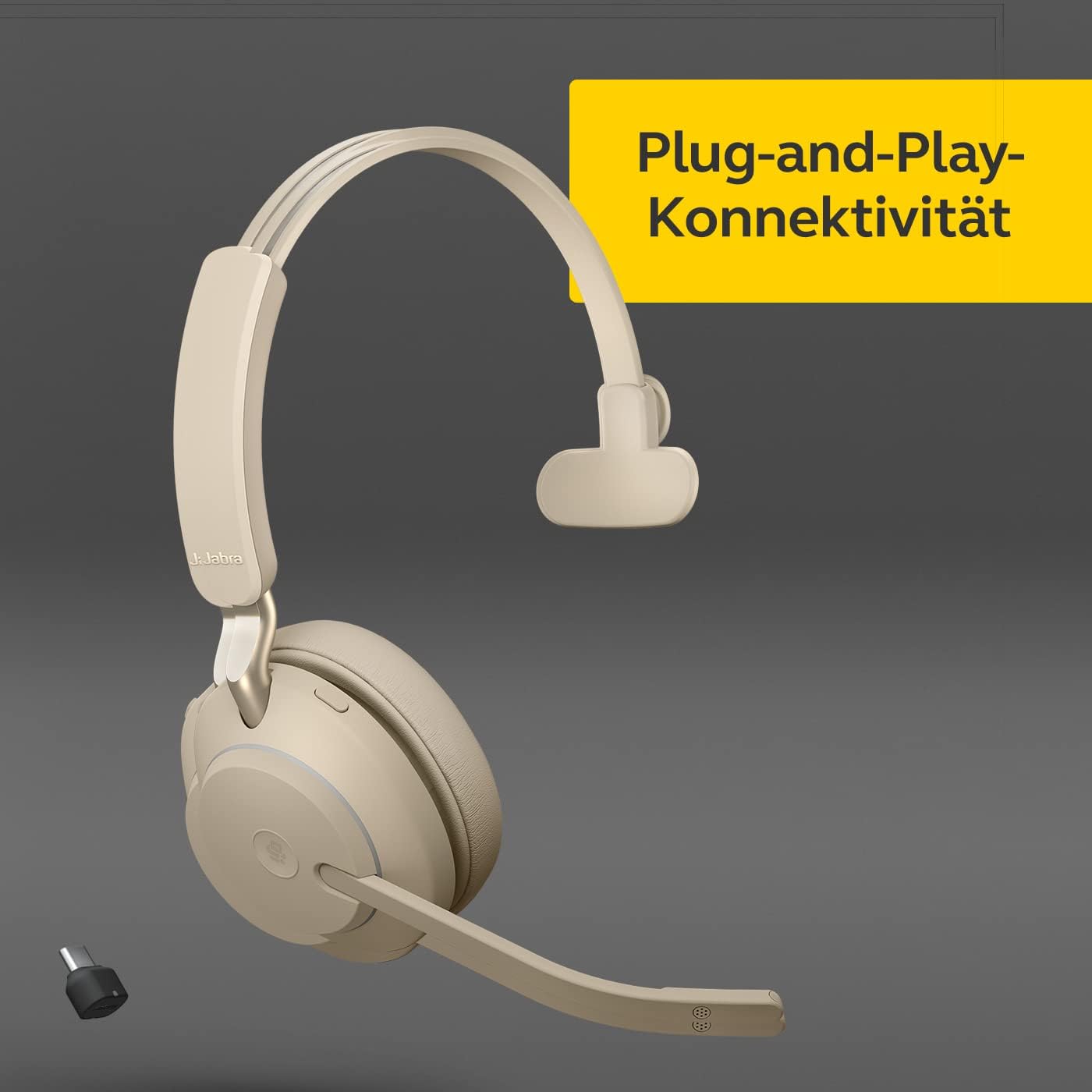 Evolve2 65 Wireless PC Headset mit Ladestation, Beige Mono Dongle USB-C+Support Optimiert für Microsoft Teams
