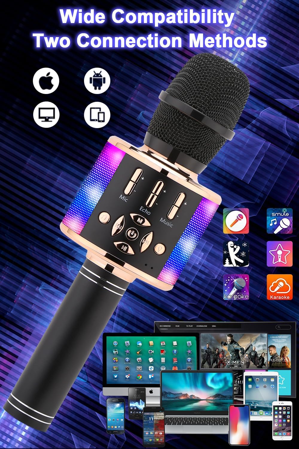 Kabelloses Bluetooth-Kindermikrofon mit LED-Lichtern, Schwarzes Gold