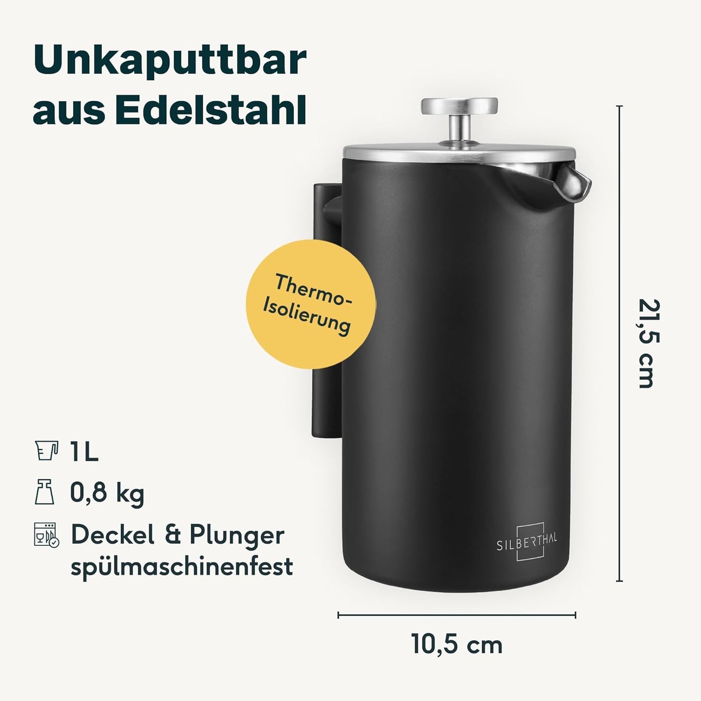 French Press Thermo-Kaffeebereiter 1L Edelstahl, Schwarz