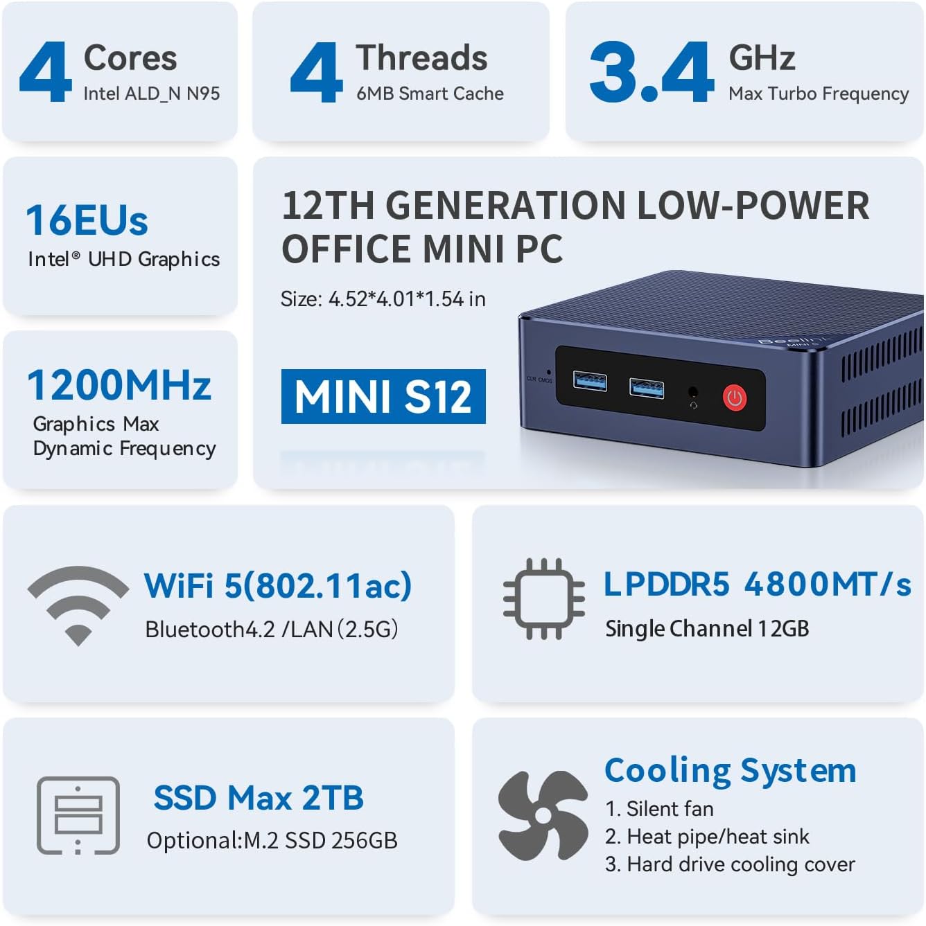 Mini PC Mini S12 Intel N95, 12GB 512GB