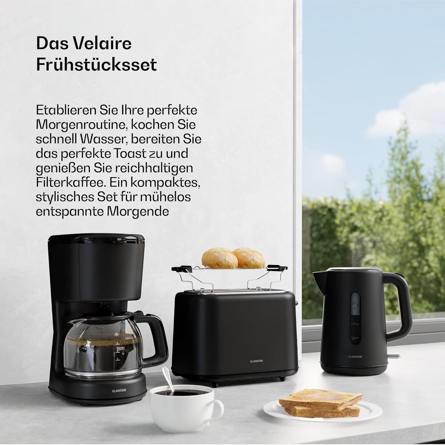 Velaire Frühstücksset: Toaster, Wasserkocher, Kaffeemaschine, Schwarz Komplettset