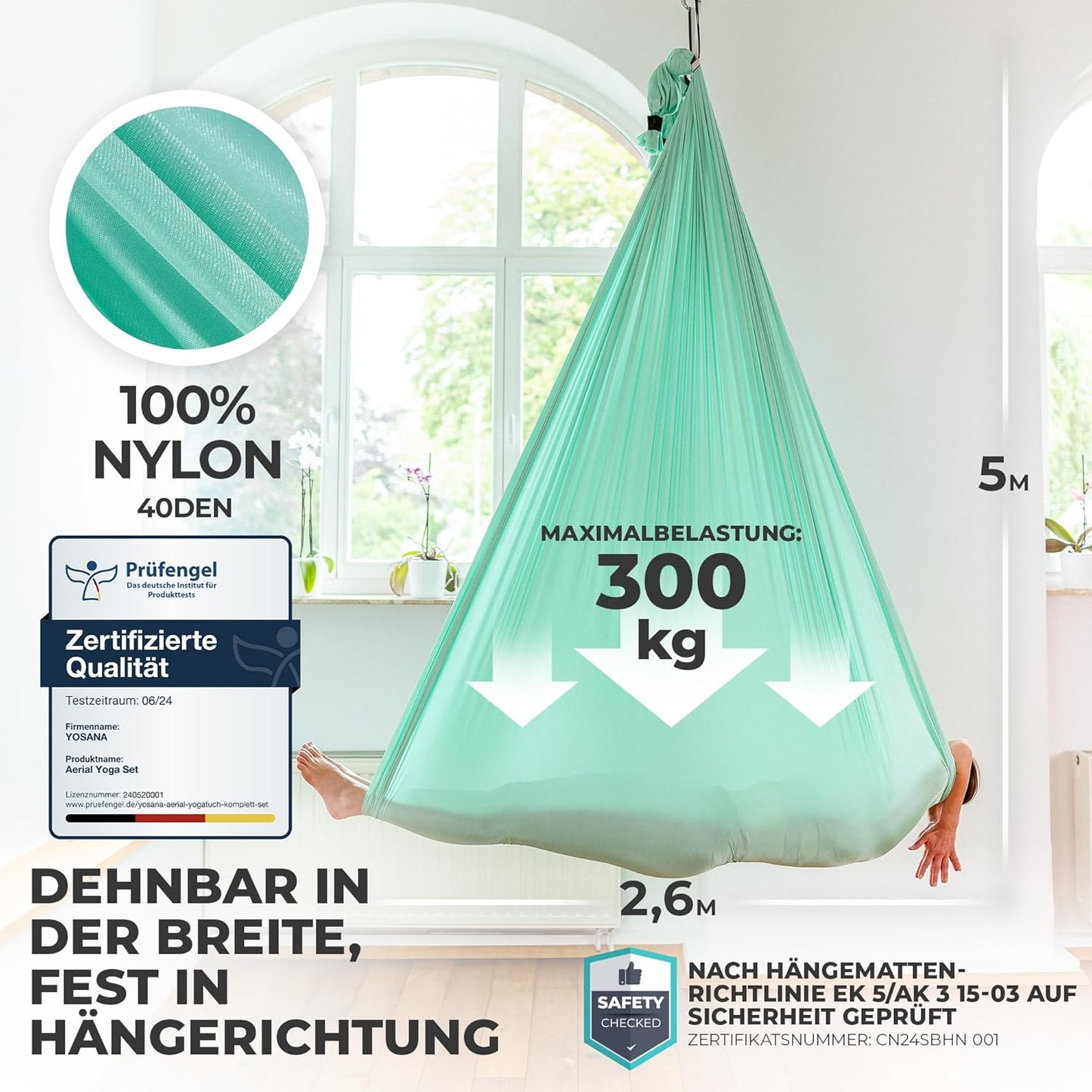 Yogatuch für Aerial Yoga, Mintgrün (1 Set) Einheitsgrösse