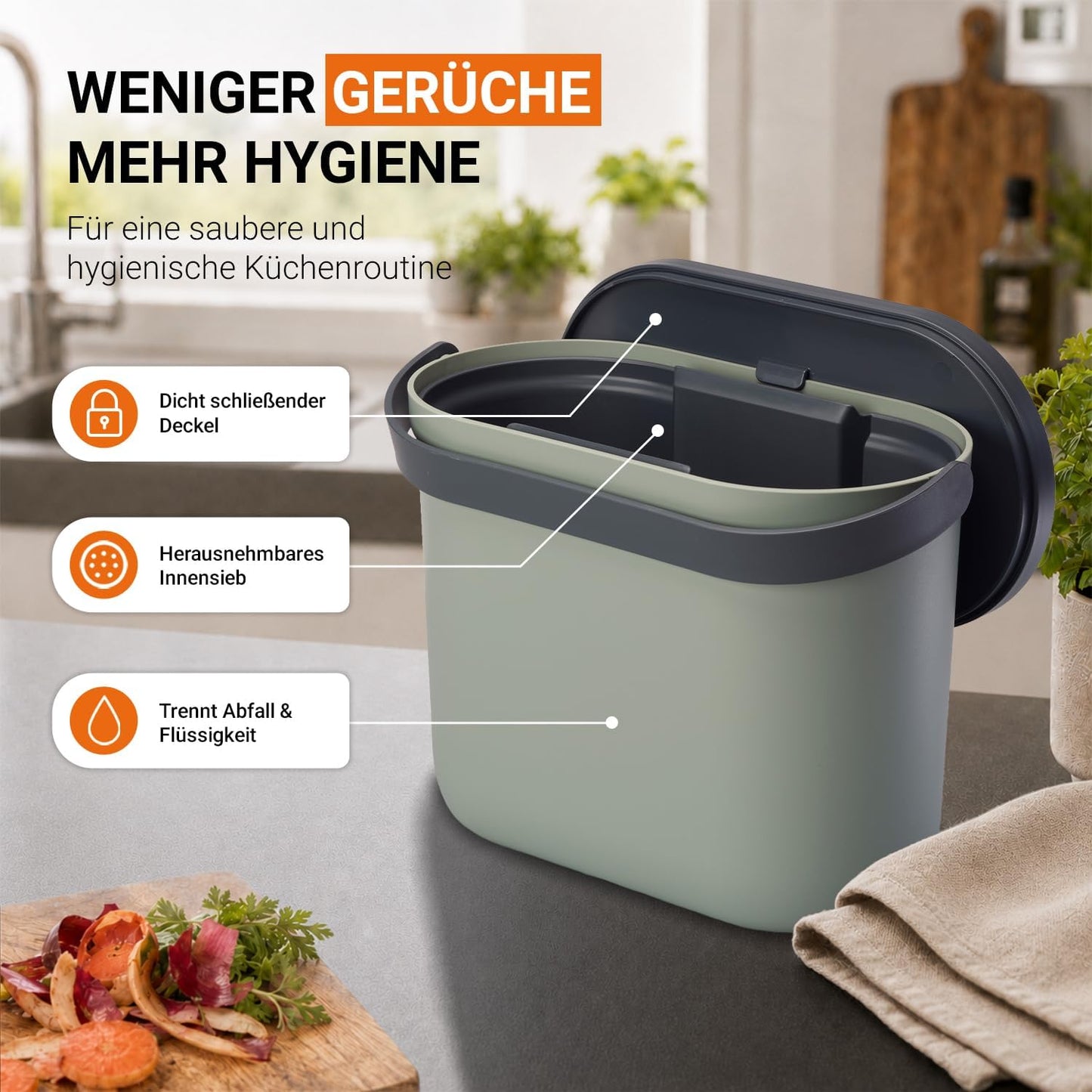 Geruchsdichter Komposteimer mit Innensieb Nova, 8 L Agave / Graphite Grey