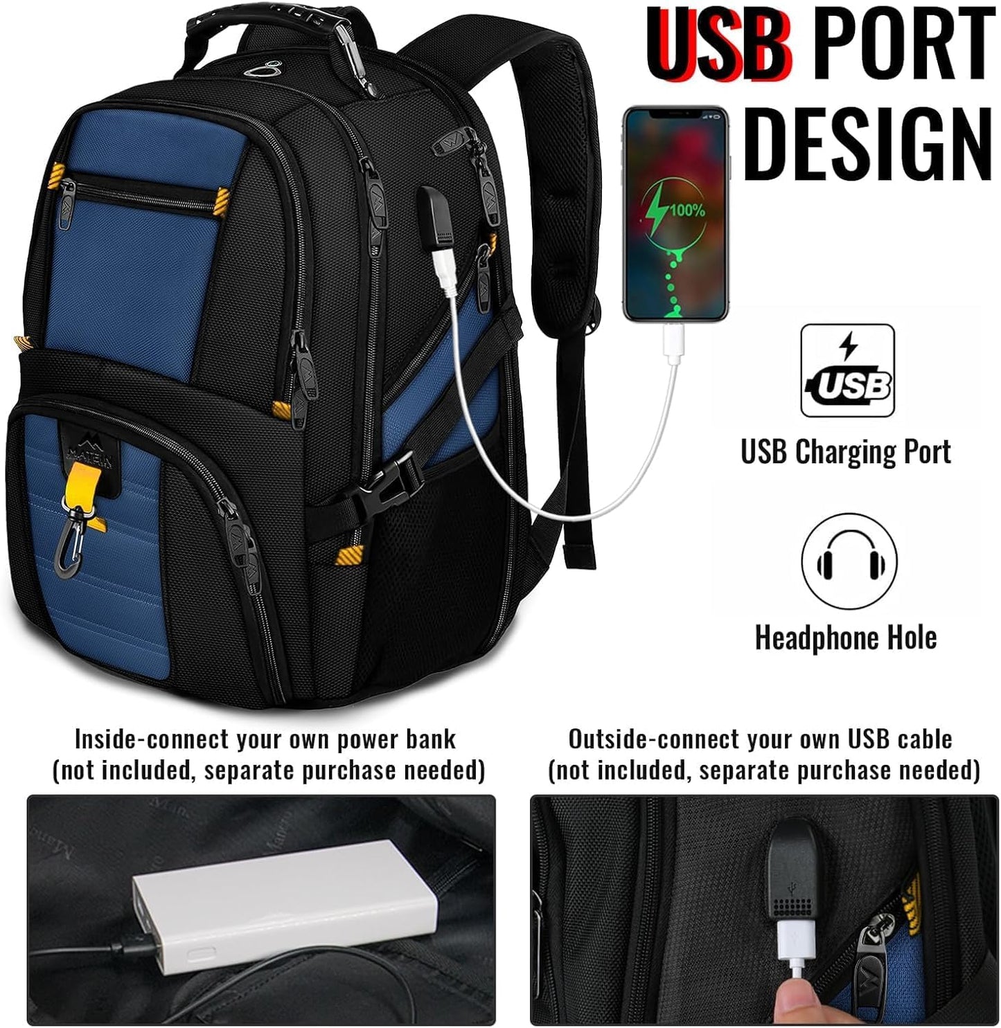Herrenrucksack mit USB-Port, 18.4 Zoll Königsblau