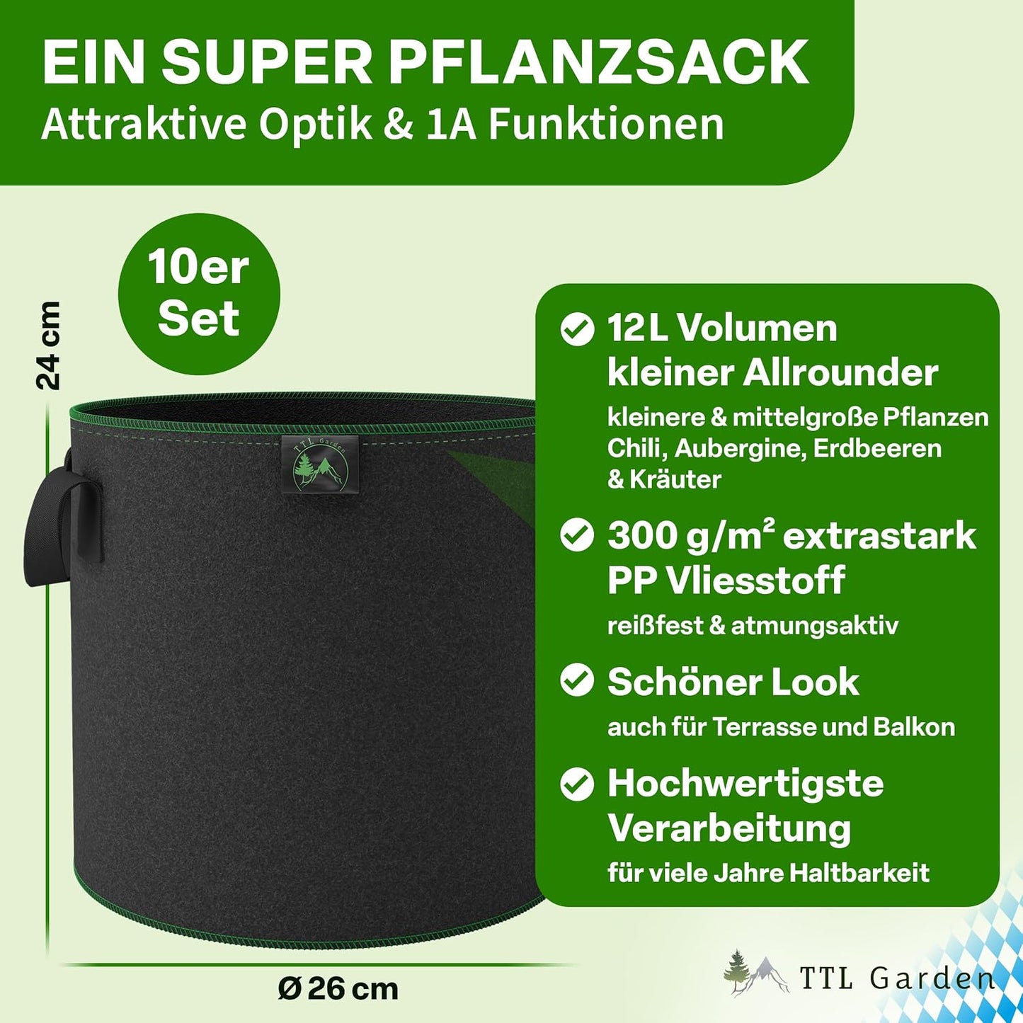 10er-Set Pflanzsack für Garten & Balkon, 12 Liter Allrounder 10