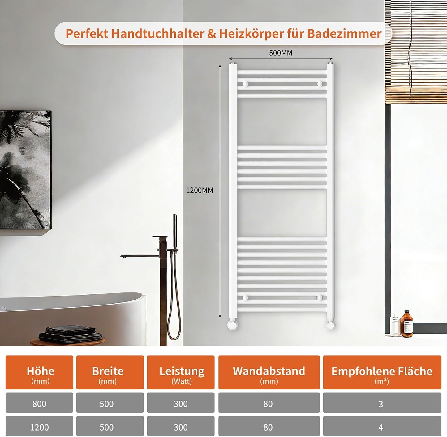 Handtuchheizkörper mit Seitenanschluss, 1200x500mm Weiss