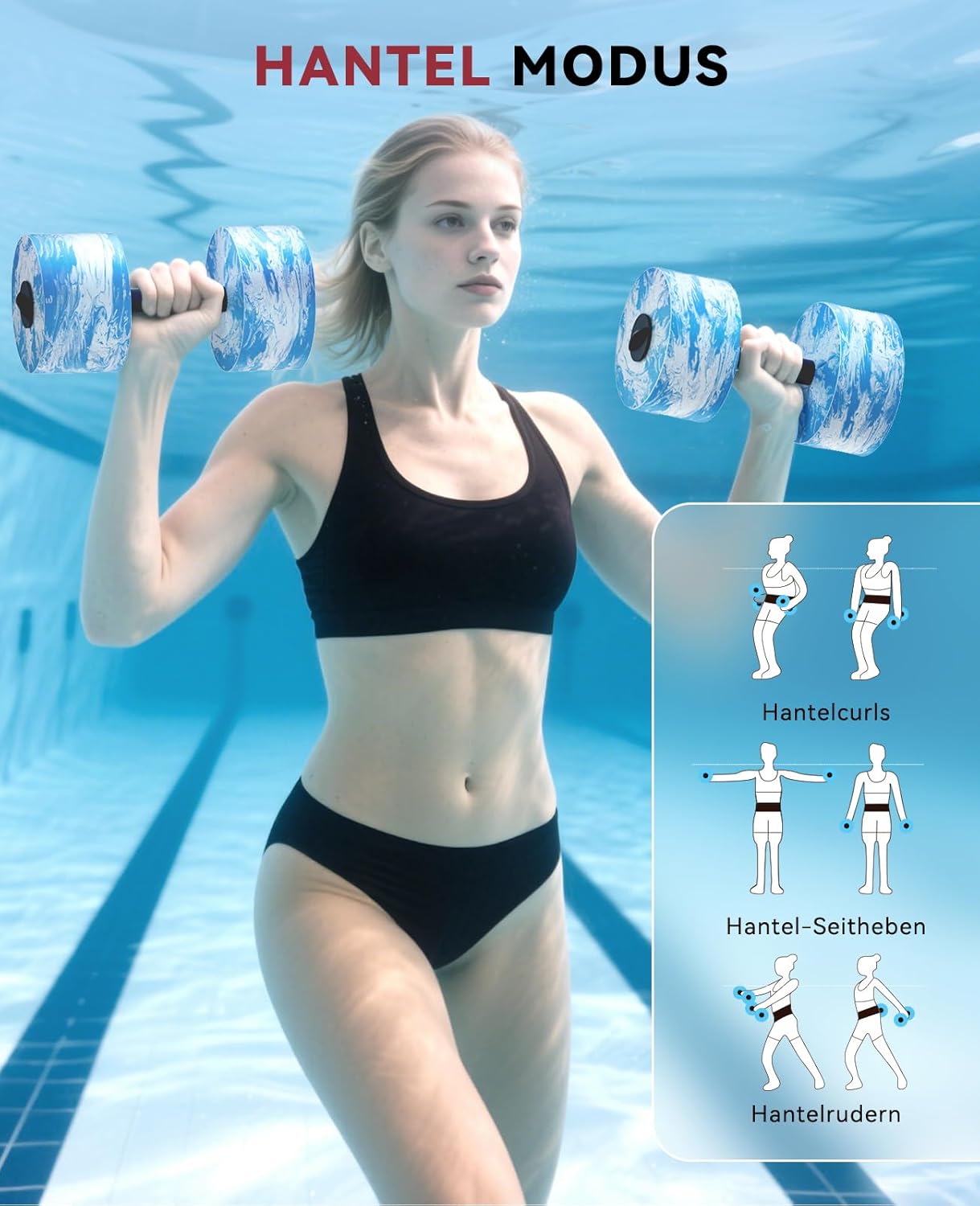 3-in-1 Wasserhanteln mit Verbindungsstange für Aquafitness und Reha, Blau