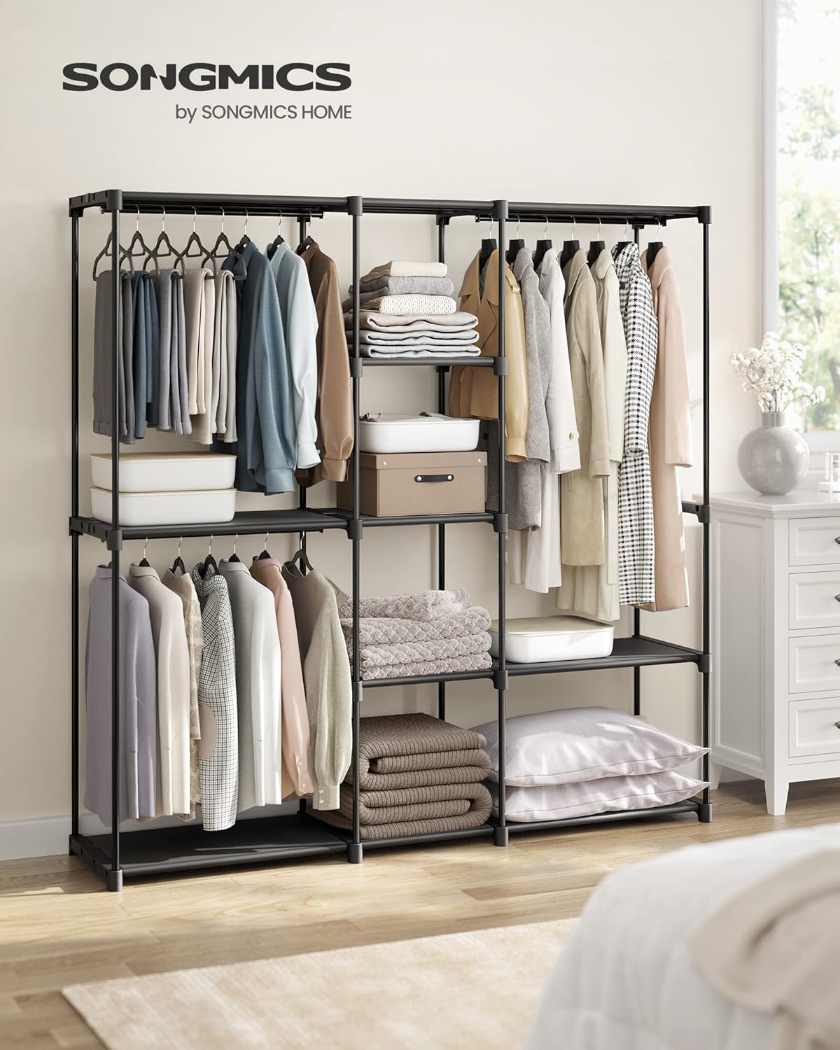 Kleiderschrank mit Stoffablagen, Tintenschwarz