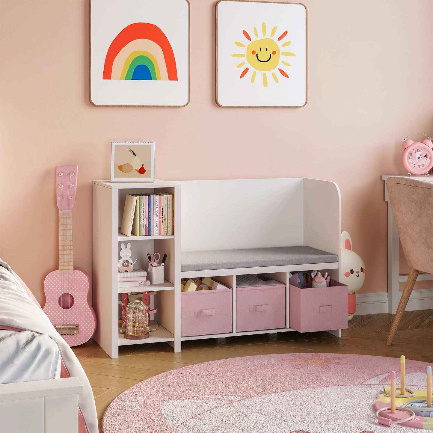 Kinderregal mit Sitzbank und Aufbewahrungsboxen, Weiss / Rosa