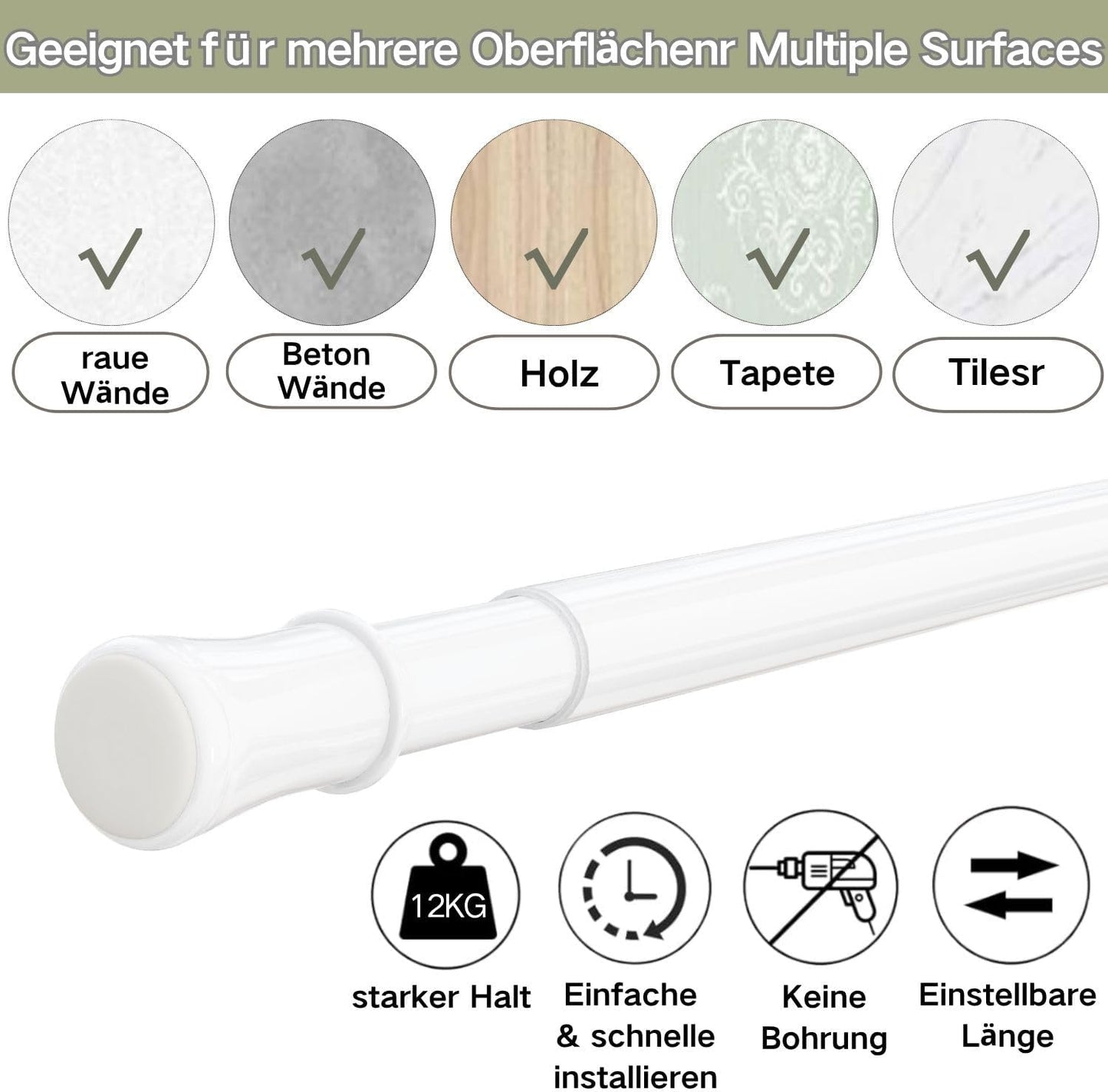 Teleskop-Gardinenstange ohne Bohren (65-85 cm), Weiß 65-85 cm