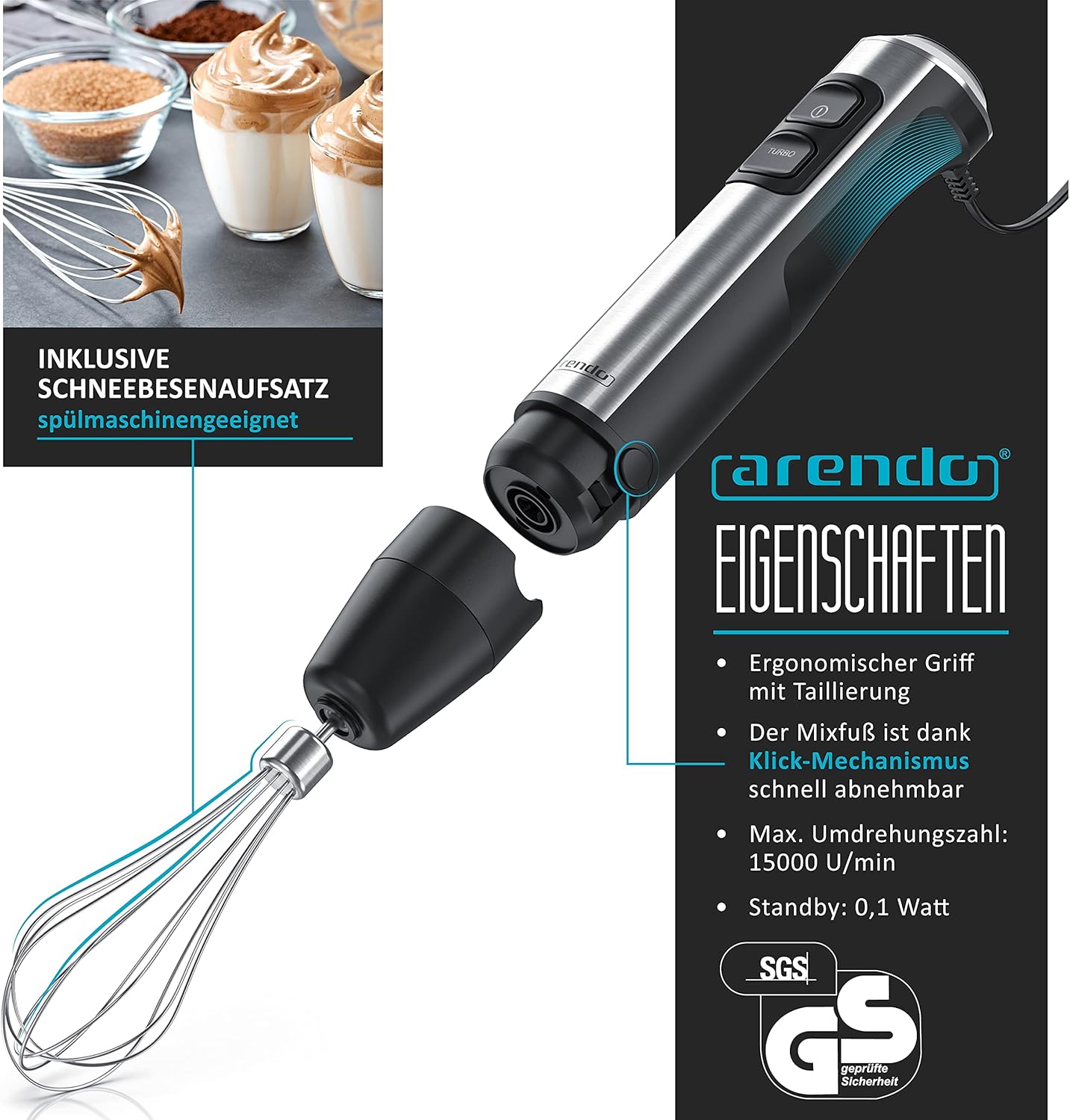 Stabmixer-Set mit Schneebesenaufsatz, A: 1200 Watt