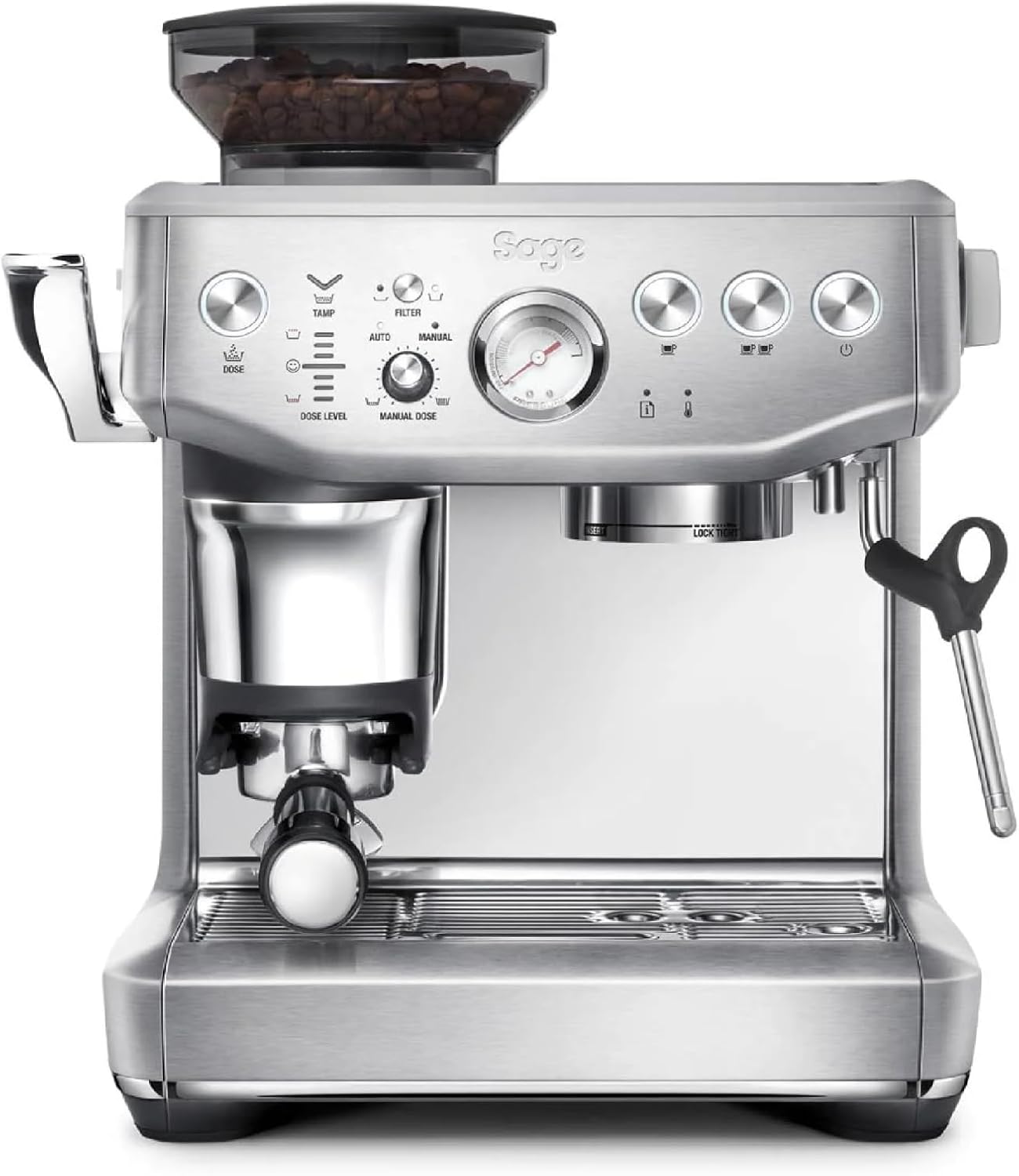 Espressomaschine mit manuellem Milchaufschäumer & Mahlwerk, Gebürsteter Edelstahl