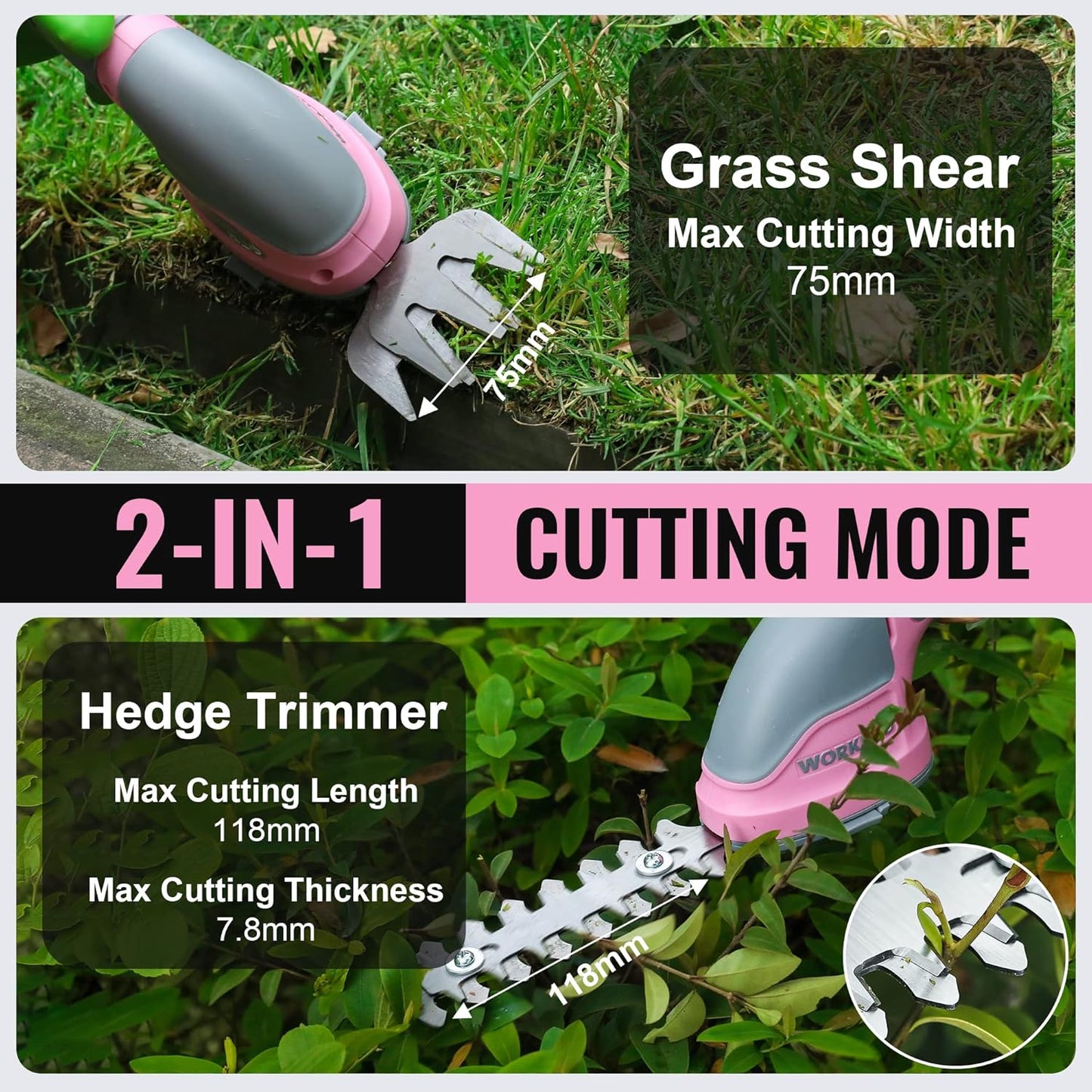 2-in-1 Akku-Heckenschere, Rosa