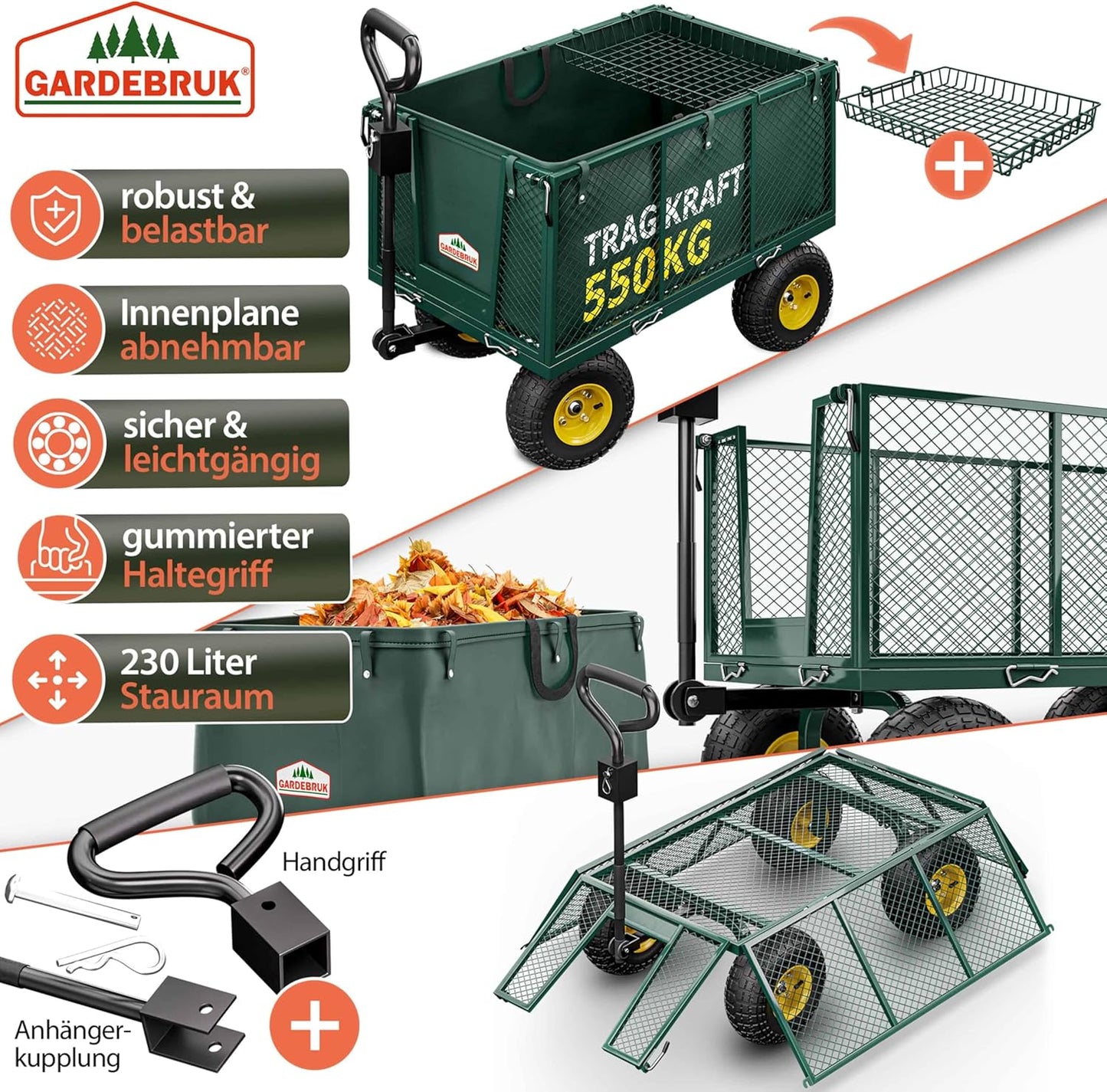 Klappbarer Bollerwagen mit 550kg Tragkraft