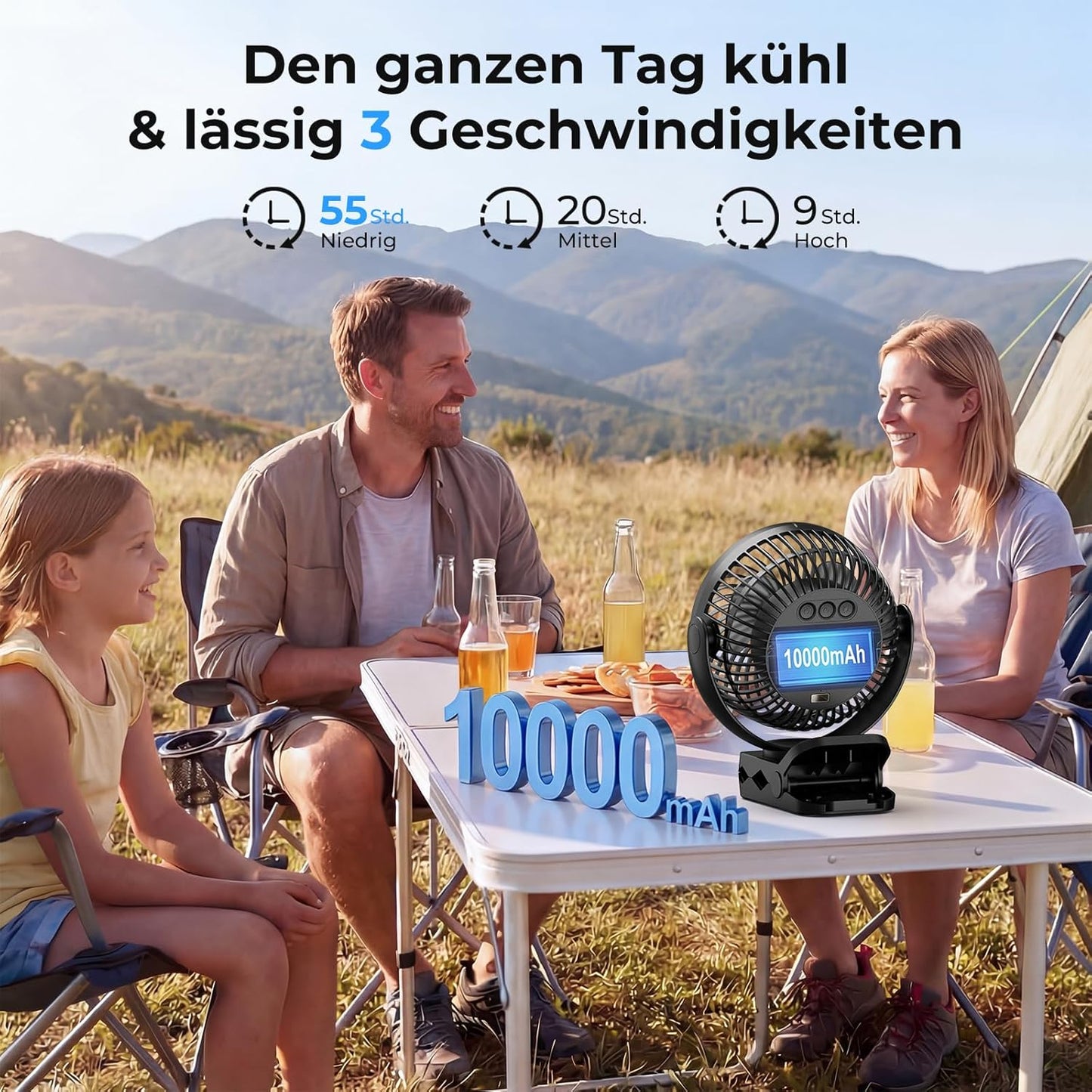 Tragbarer USB-Campingventilator mit Akku und Lampe, 14cm