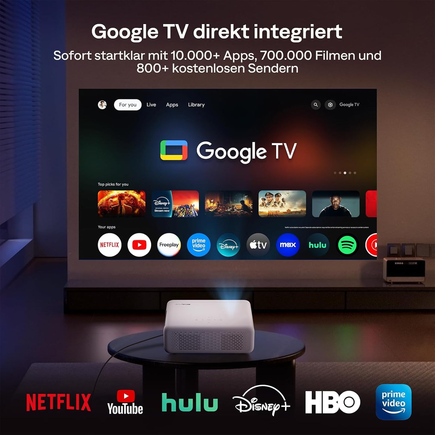 4K Smart Beamer mit Google TV & Dolby Audio, Weiss (GTV)