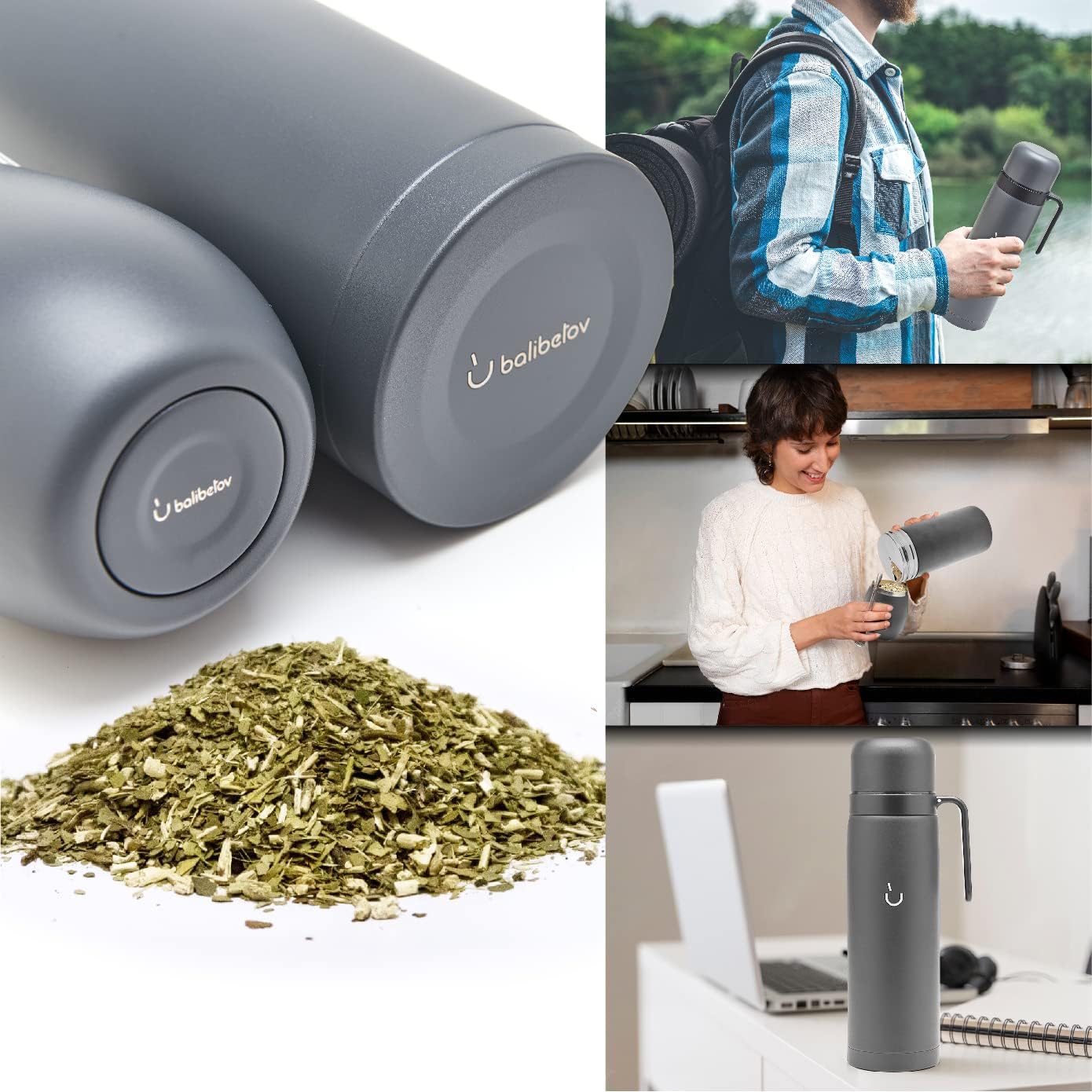 Yerba Mate Set mit Thermos und Bombillas, Grau