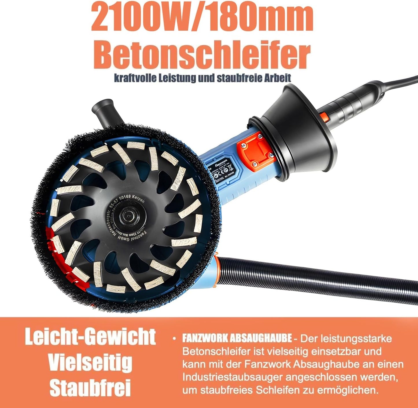 ‎10D-HG0026 Betonschleifer Set mit Diamantschleiftopf und Absaughaube, T-Model/180mm+
