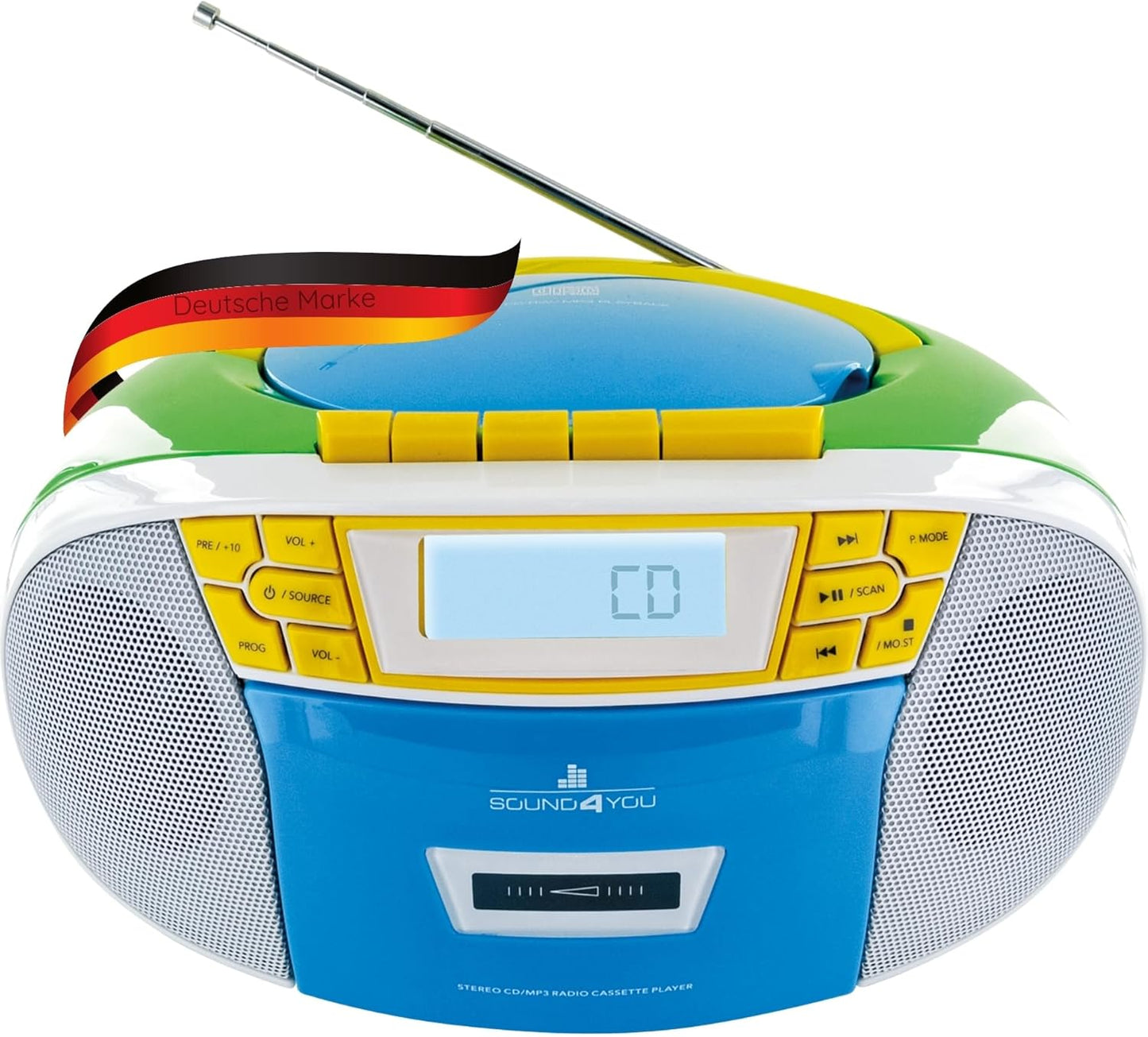 Tragbarer CD-Player mit Kassette & Radio, USB/AUX/MP3, Bunt