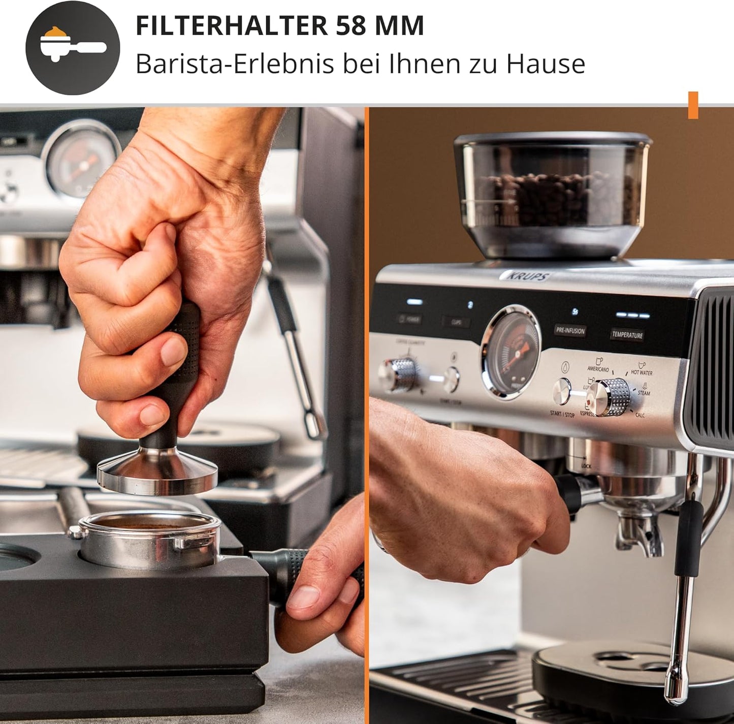 Siebträgermaschine mit Mahlwerk und Dampfdüse, Precision manuelle Siebträgermaschine mit Mahlwerk