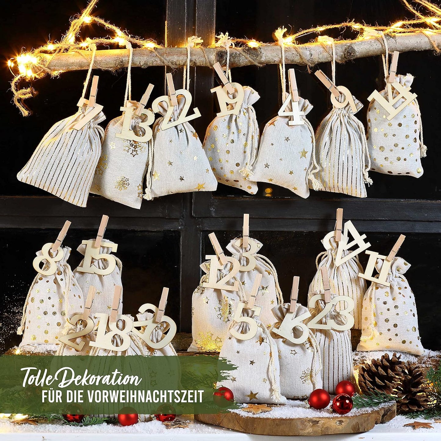 Adventskalender mit Stoffsäckchen und Holzzahlen, Gold Bedruckt
