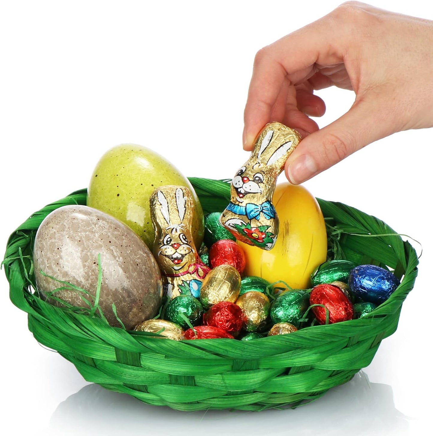 4-teiliges Osterkörbchen-Set mit mit Deko Gras und Eierfarben, Set 4 - Grün