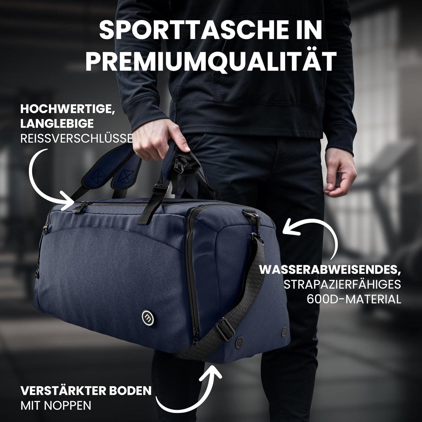 Sporttasche mit Rucksack- und Nassfachfunktion, 40 L Blau