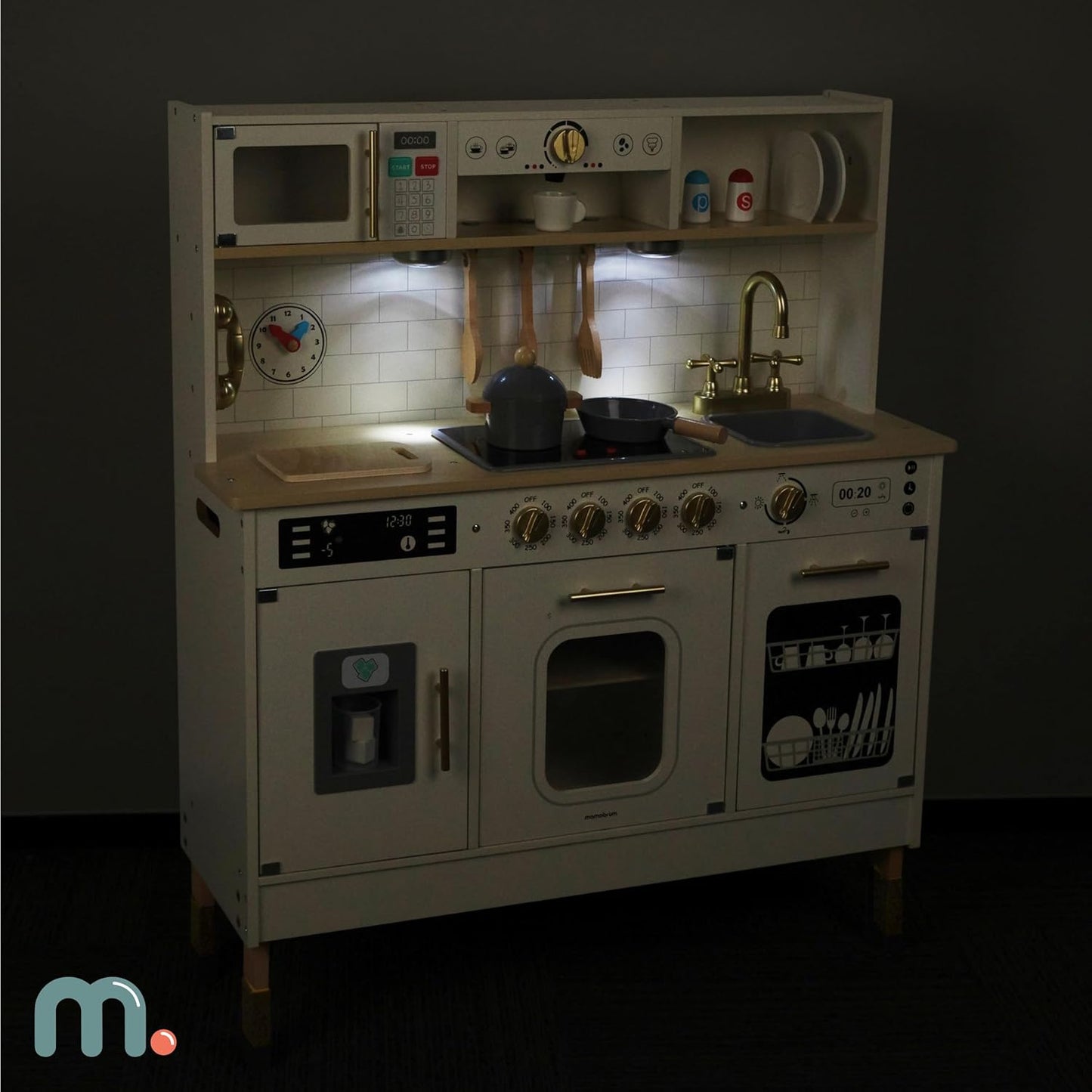 Höhenverstellbare Kinderküche mit LED, Eiswürfelbereiter, Mikrowelle, Kochfeld und Spülmaschine, Holz-kinderküche mit Led-beleuchtung