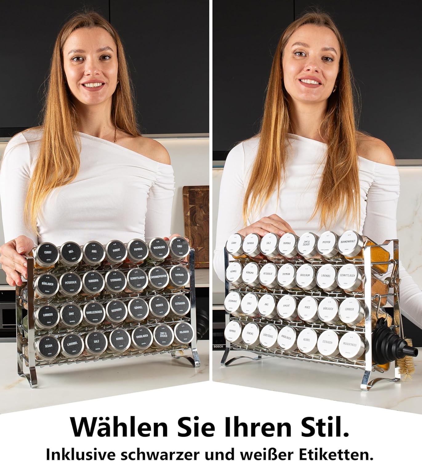 Gewürzregal mit Gewürzgläsern, Chrom, Deckel Edelstahl