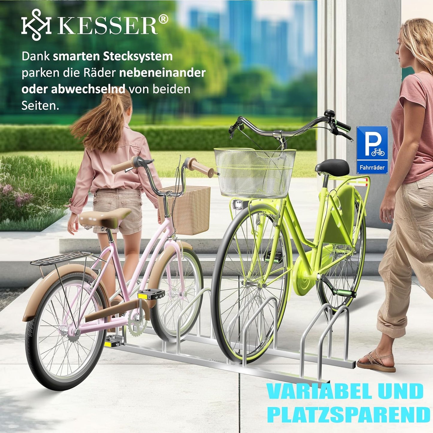 Veloständer für 4 Räder mit Parkschild, Silber / 4 Fahrräder