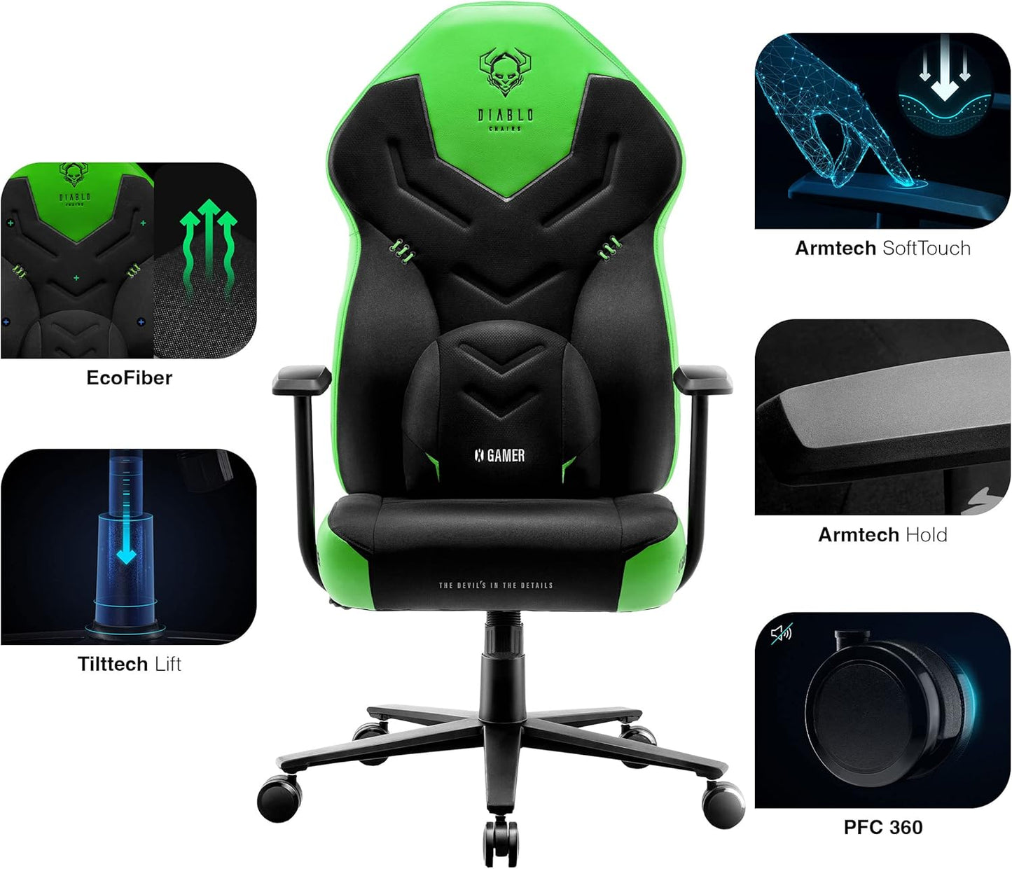 Ergonomischer Gaming-Stuhl mit Lendenwirbelkissen, Schwarz-grün 128 cm x 68 cm x 55 cm