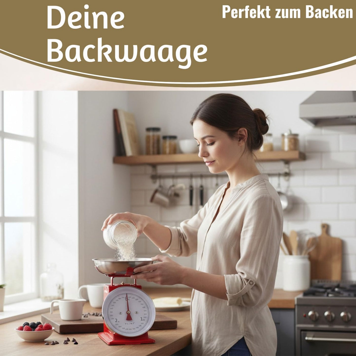 Vintage Küchenwaage mit Edelstahl-Schüssel (1L), Rot