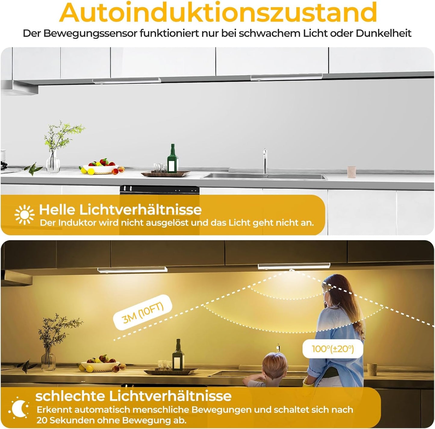 3er-Set LED-Schrankbeleuchtung mit Bewegungsmelder, Warmweiß 20.5cm*3